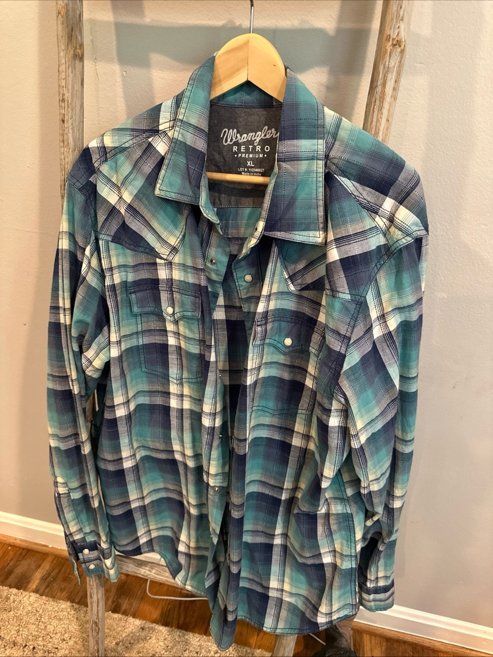 Wrangler Retro Teal and Navy Plaid Button-Down Shirt